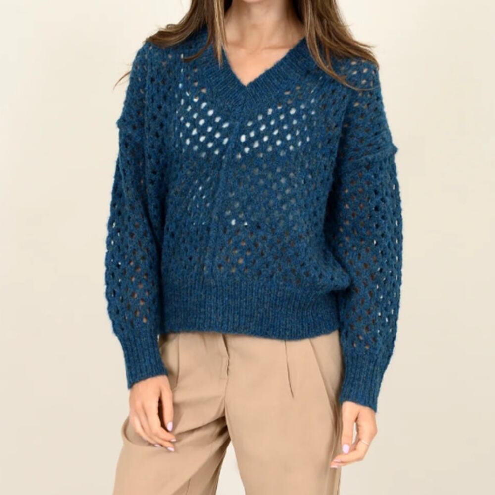 Aqua Sweater SZ M Blue Yellow Chunky Open Knit Crochet V-Neck Boho Lightweight